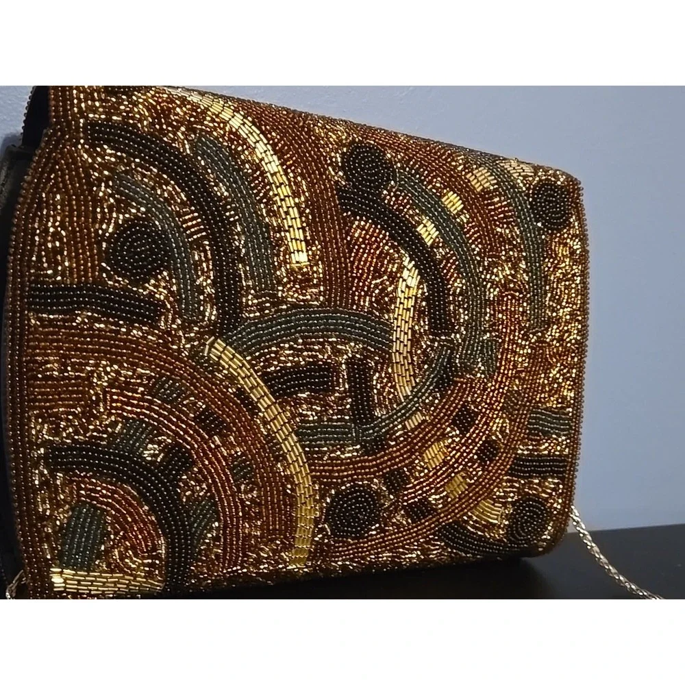 Beaded Evening Bag with Touches of Black Gold and Brown Manetic Closure Japan‎